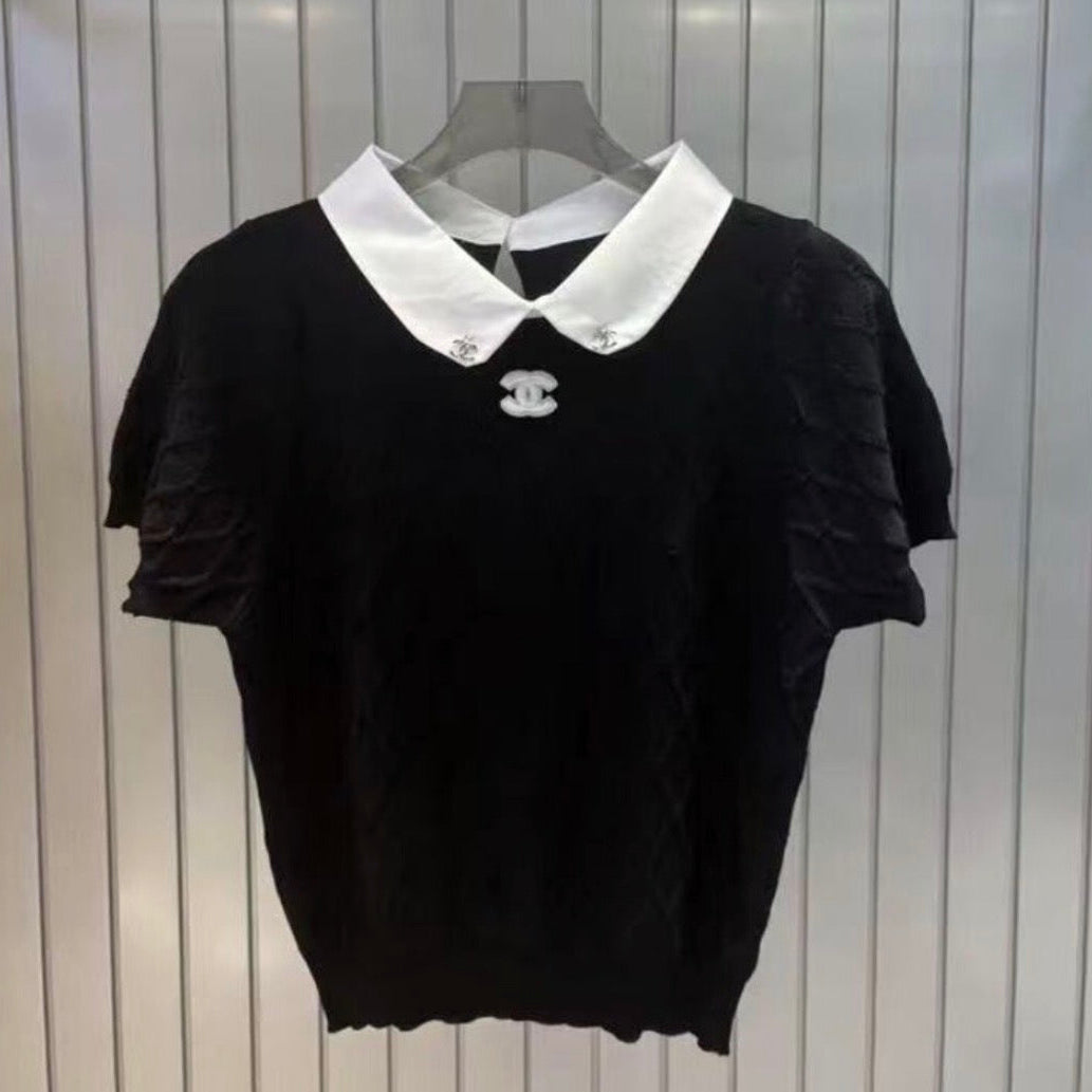 CC Diamond Collar Short Sleeve Knit Top